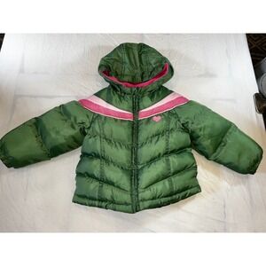 Weather Tamer Toddler Girls Green Puffer Jacket Hooded Pink Trim Heart 24M